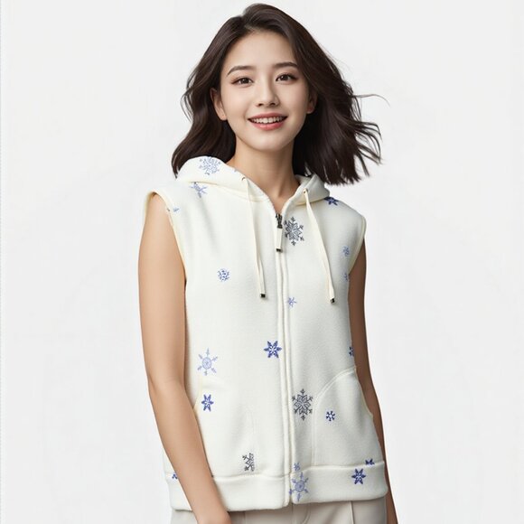 Casual Corner Annex Vest L Off-White Snowflake Zip Hoodie Fleece Winter Cozy - Picture 1 of 7